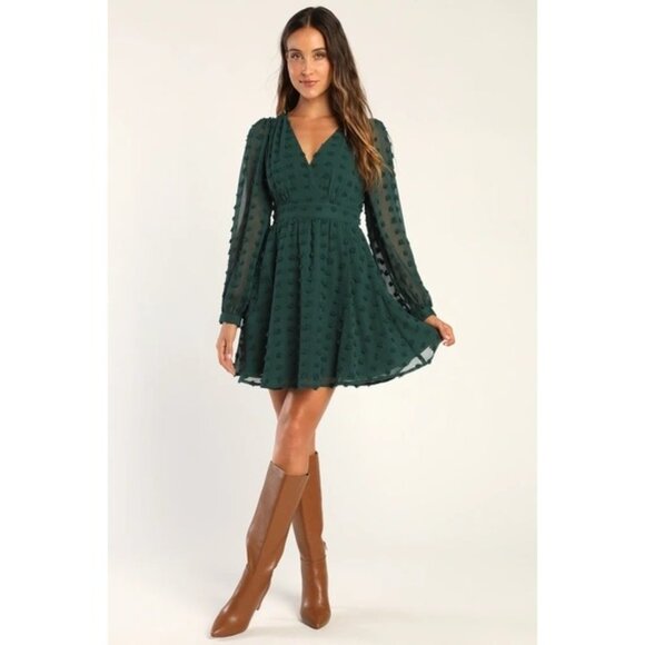Lulu's Women's XL Emerald Green Always on Repeat Clip Dot Mini Dress Long Sleeve - Picture 1 of 12